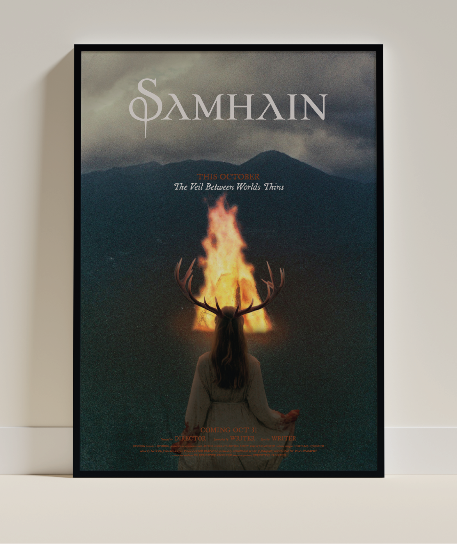 woman with deer antlers looking at fire