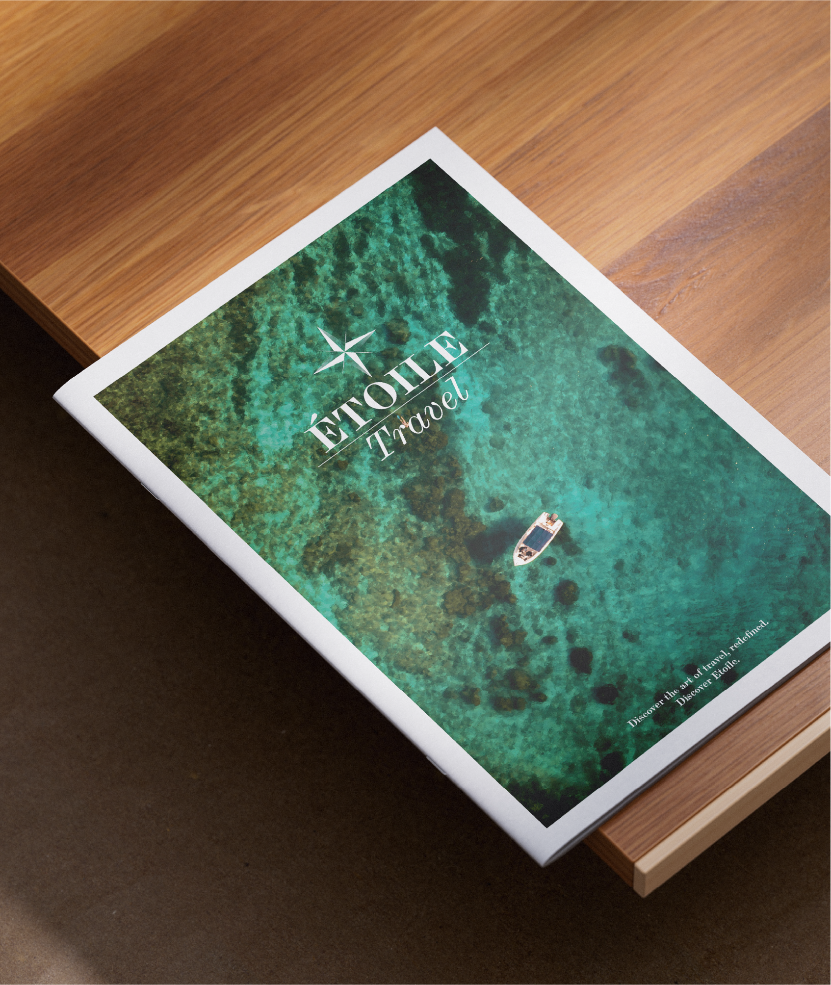 Travel brochure on wooden table
